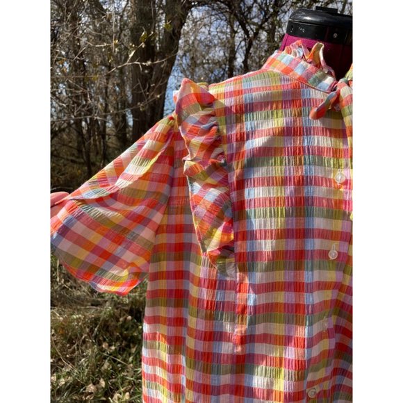 Vintage 1970s Plaid Seer Sucker Peasant Blouse With Tags Size 44 - Picture 2 of 16